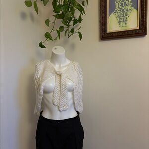 Vintage Ivory Knit Shawl / Cropped Tie Cardigan ( OS)